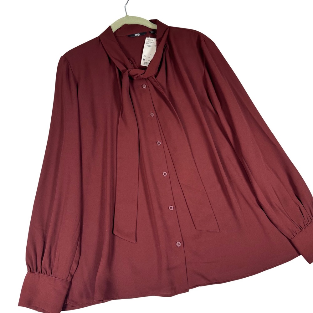 Uniqlo Dark Brown Georgette Bow Tie Blouse Long Sleeve M 433789 | Womens Medium